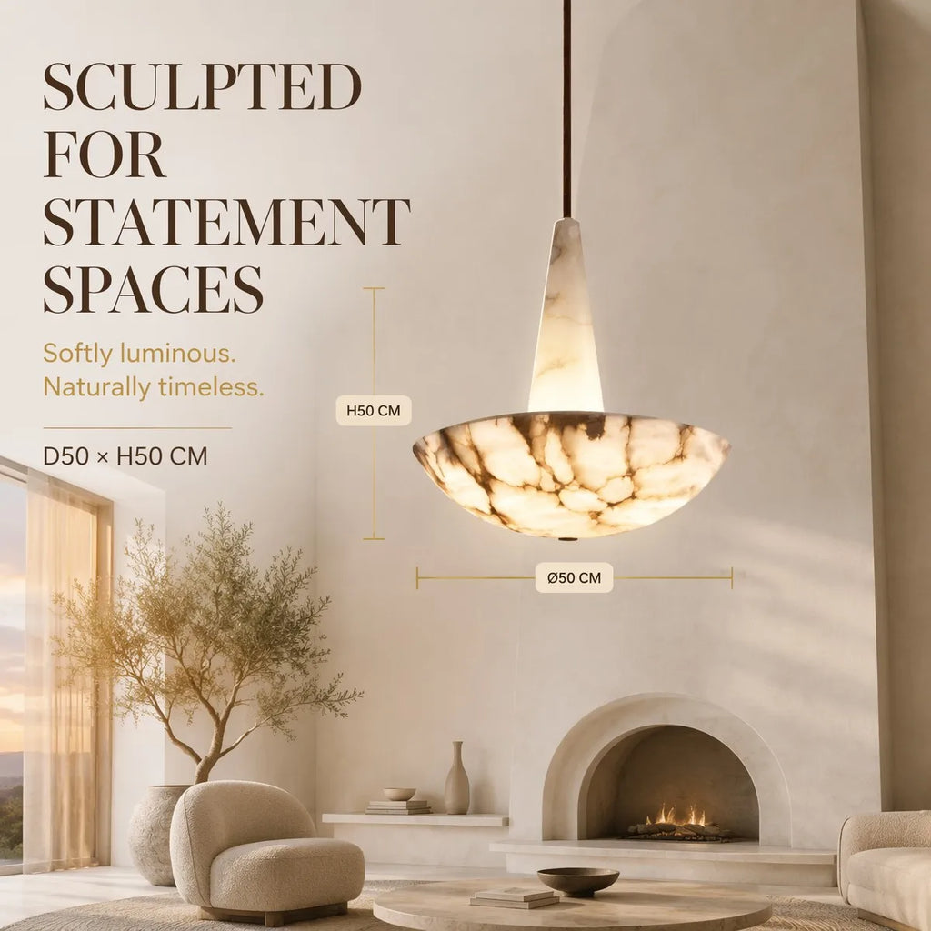 Modern Nordic 2026 Designer Pendant Lamp Natural Alabaster Bowl Cone Neck Saucer Dimmable LED for Kitchen Island Room Decor