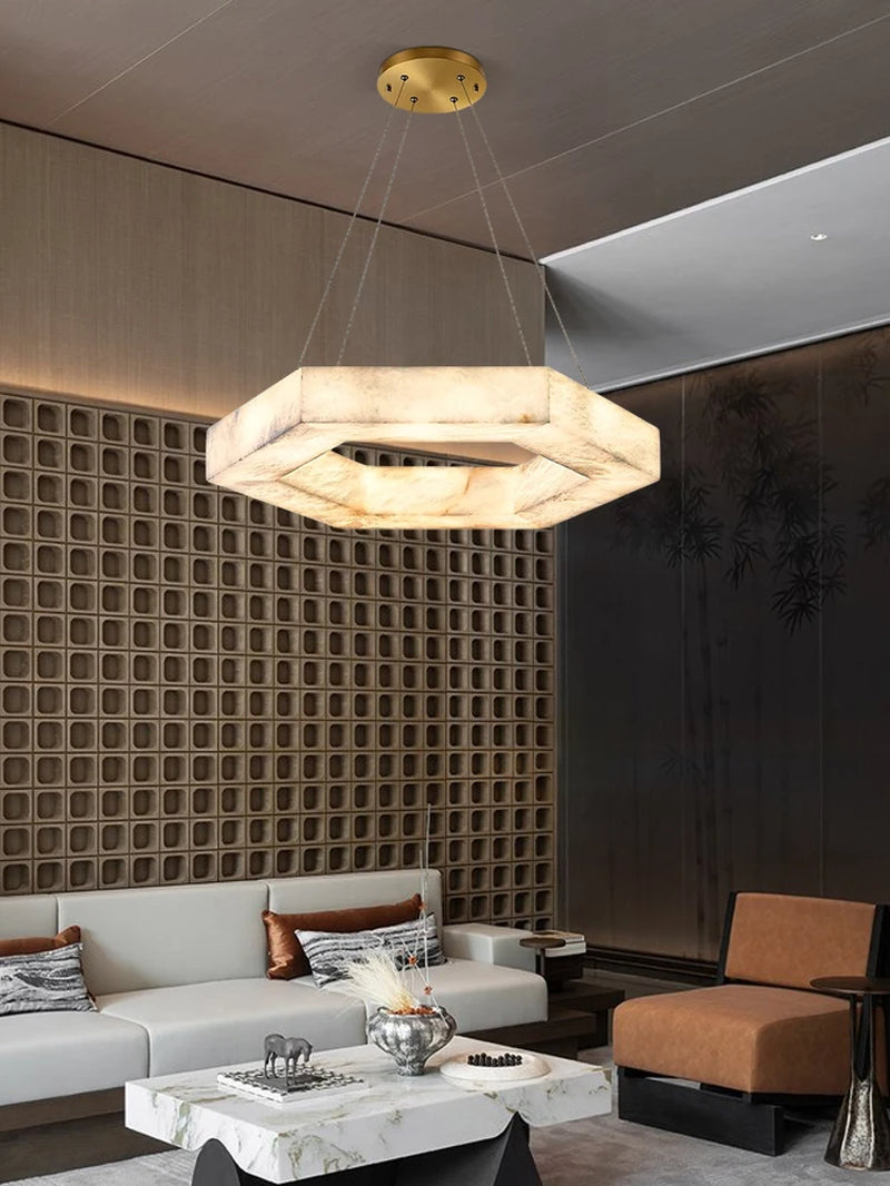 2026 Trendy Hexagonal Marble LED Chandelier Suspension Luminaire Lampen Alabaster Pendant Light Hanging Lamp for Living Room