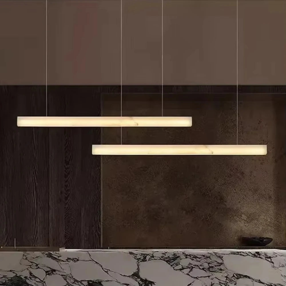Simple Natural Marble Long Rectangle Chandelier Dining Room Living Room Restruant Alabaster Lighting LED All Copper Pendant Lamp