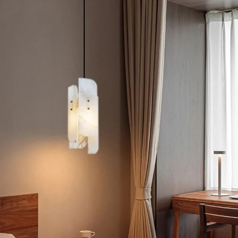 Modern LED Natural Marble Chandelier Bedroom Bedside Dining Room Corridor Hotel Pure Copper Alabaster Pendant Lamp Indoor Decor