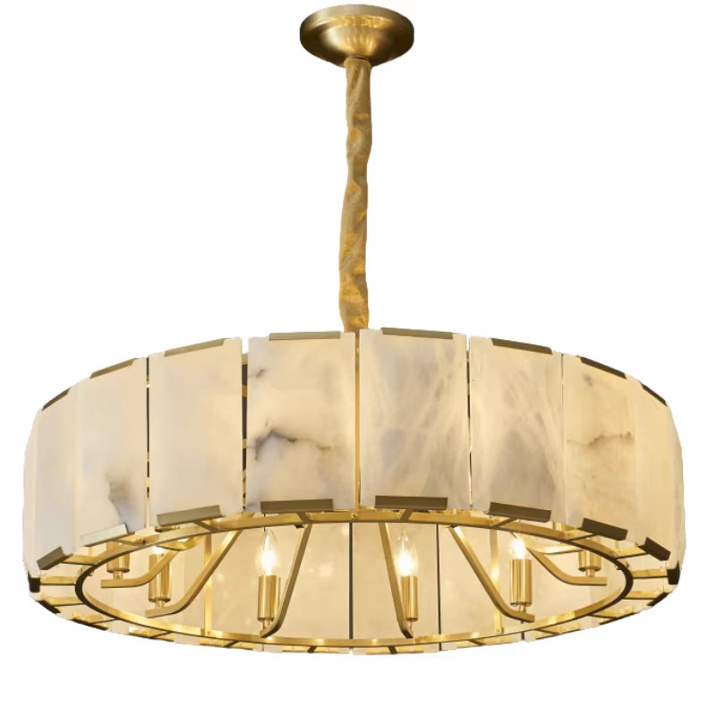 Modern Natural Alabaster round Chandelier Brass Pendant Light Luxury Drum Ceiling Lamp for Dining Room Living Room
