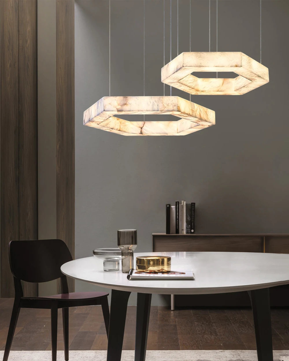 2026 Trendy Hexagonal Marble LED Chandelier Suspension Luminaire Lampen Alabaster Pendant Light Hanging Lamp for Living Room