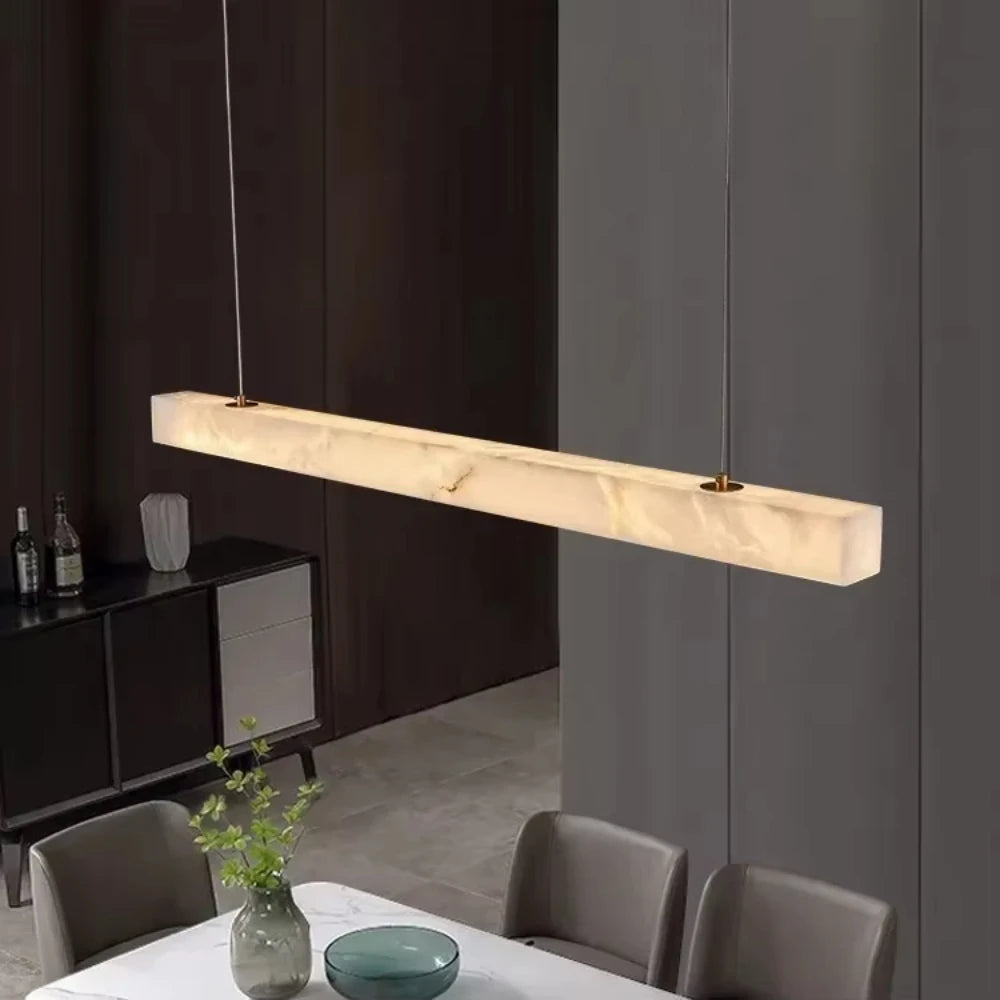 Simple Natural Marble Long Rectangle Chandelier Dining Room Living Room Restruant Alabaster Lighting LED All Copper Pendant Lamp