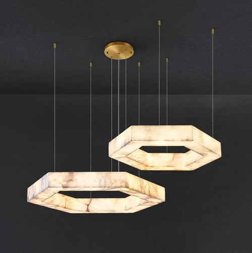 2026 Trendy Hexagonal Marble LED Chandelier Suspension Luminaire Lampen Alabaster Pendant Light Hanging Lamp for Living Room
