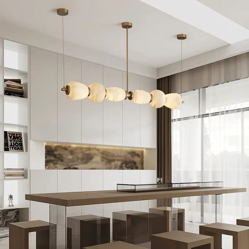 Modern Alabaster Linear Chandelier Brass Nature Marble LED Hanging Lamp for Restaurant Table Living Room Kitchen Island Art Deco
