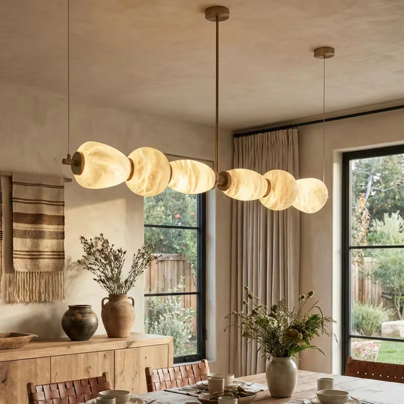 Modern Alabaster Linear Chandelier Brass Nature Marble LED Hanging Lamp for Restaurant Table Living Room Kitchen Island Art Deco
