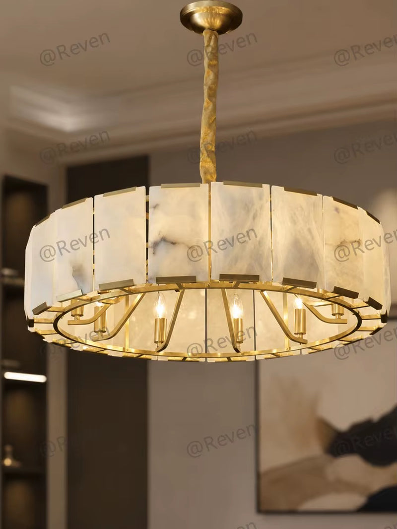 Modern Natural Alabaster round Chandelier Brass Pendant Light Luxury Drum Ceiling Lamp for Dining Room Living Room