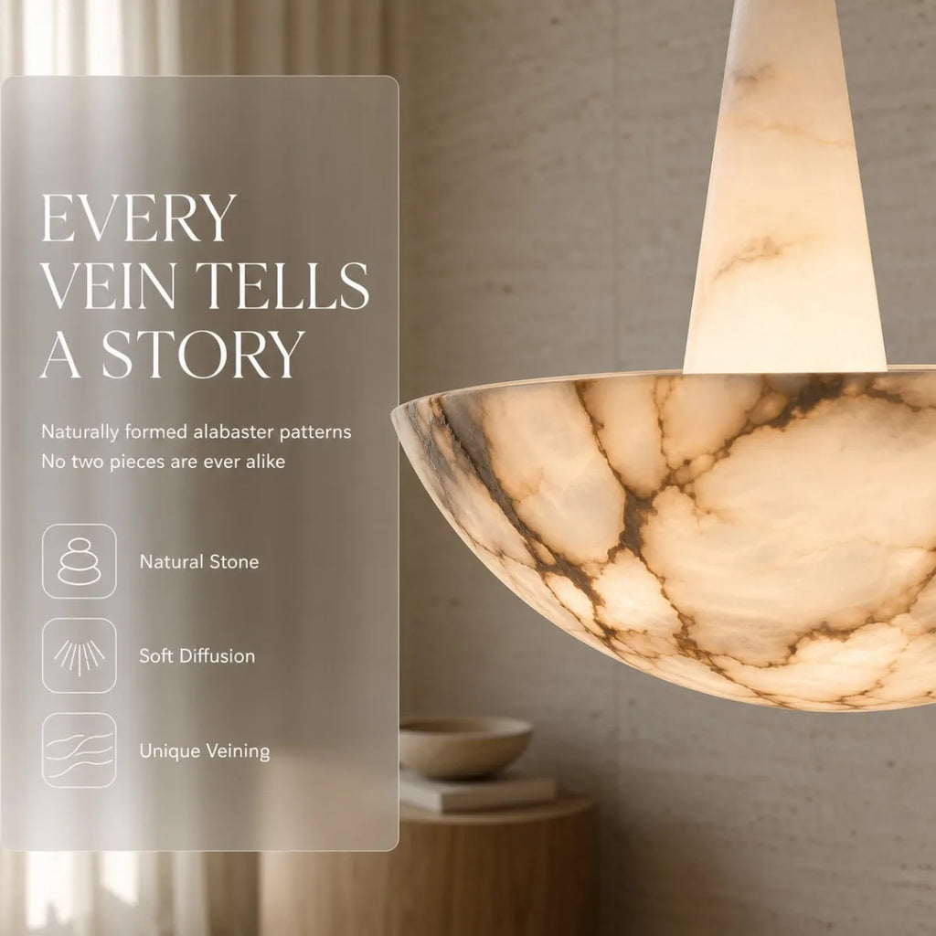 Modern Nordic 2026 Designer Pendant Lamp Natural Alabaster Bowl Cone Neck Saucer Dimmable LED for Kitchen Island Room Decor