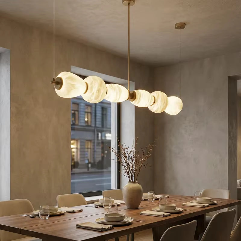 Modern Alabaster Linear Chandelier Brass Nature Marble LED Hanging Lamp for Restaurant Table Living Room Kitchen Island Art Deco