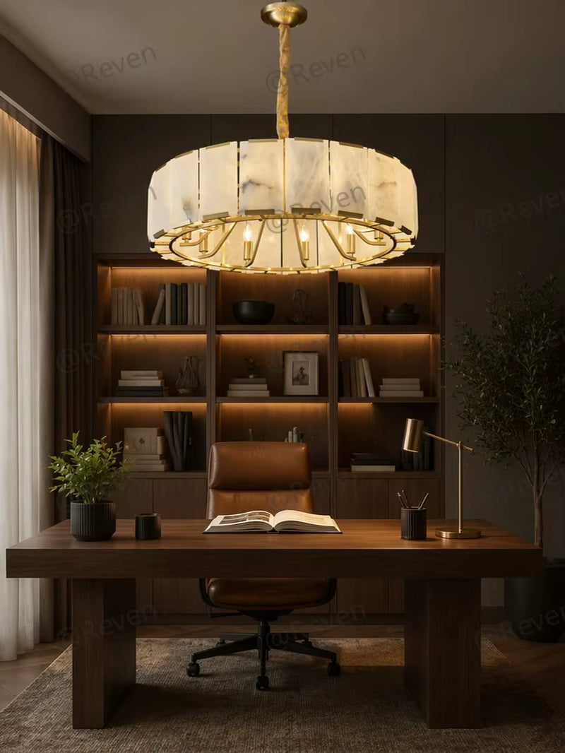 Modern Natural Alabaster round Chandelier Brass Pendant Light Luxury Drum Ceiling Lamp for Dining Room Living Room
