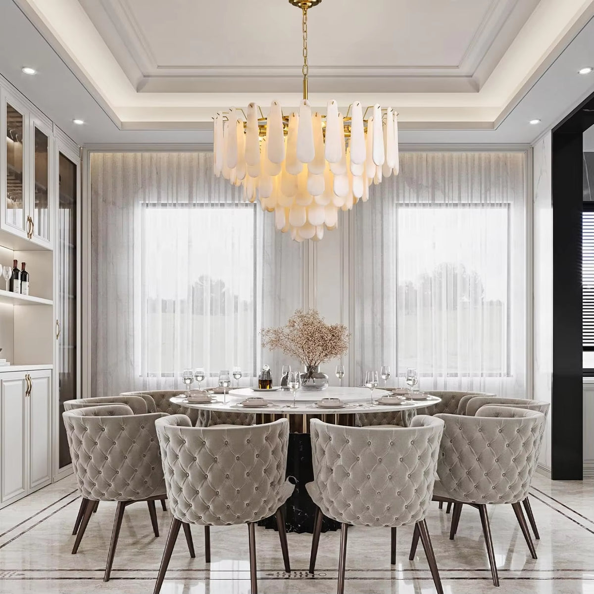 Round Alabaster Chandelier Lamp White Marble Lights Brass Ceiling Chandeliers for Dining Room Bedroom Foyer Living Room Entryway