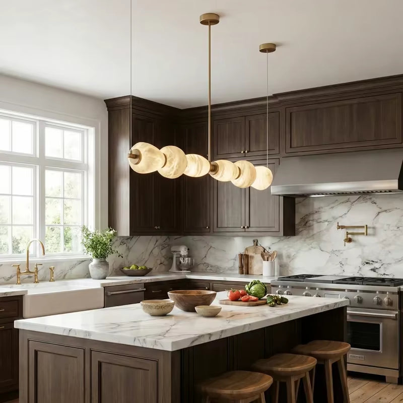 Modern Alabaster Linear Chandelier Brass Nature Marble LED Hanging Lamp for Restaurant Table Living Room Kitchen Island Art Deco