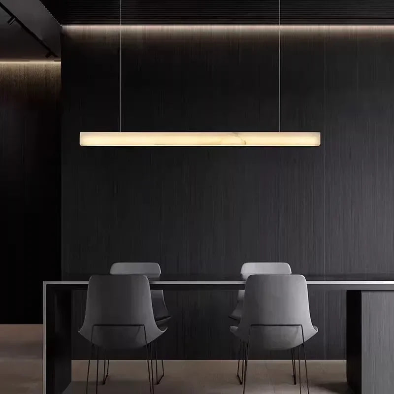 Simple Natural Marble Long Rectangle Chandelier Dining Room Living Room Restruant Alabaster Lighting LED All Copper Pendant Lamp