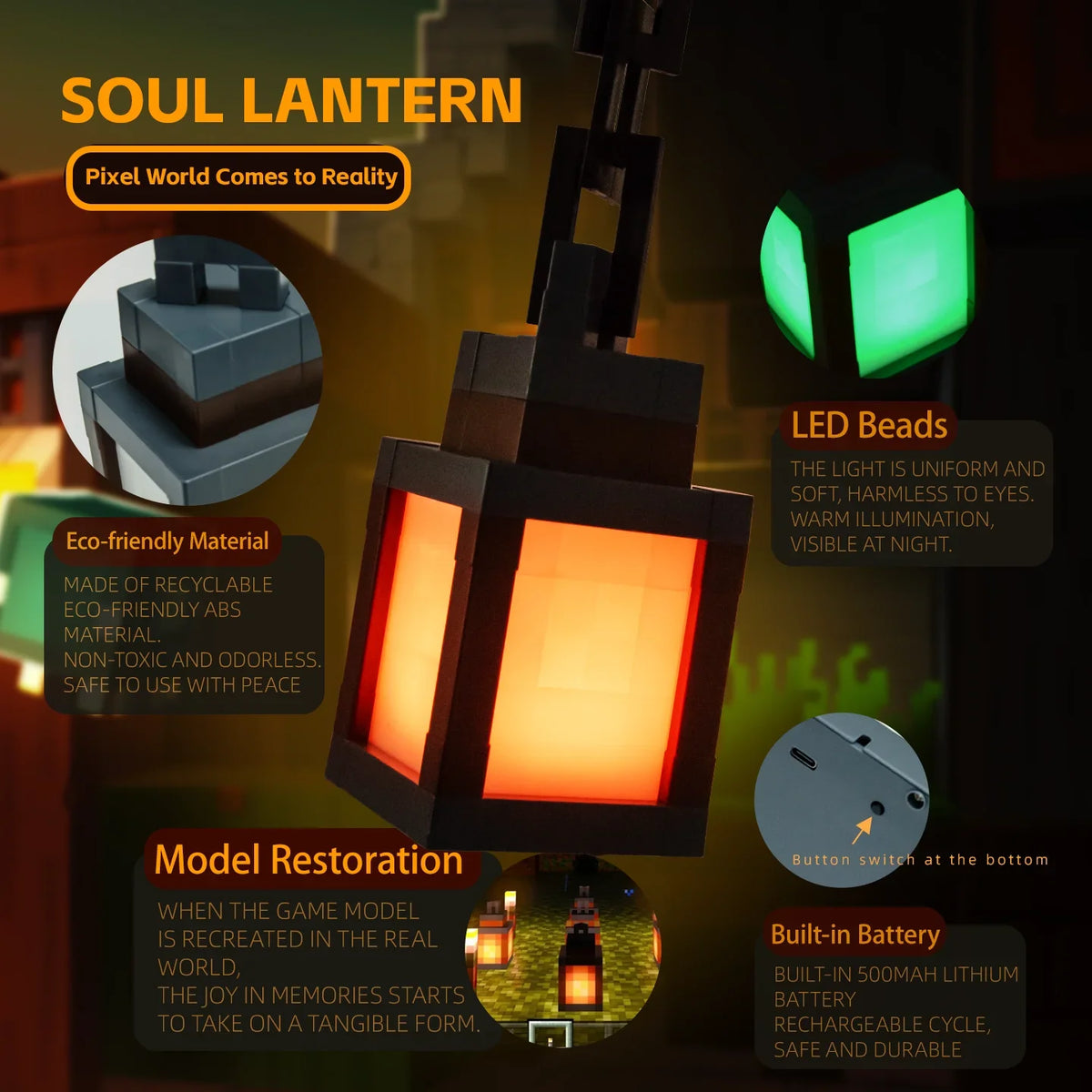 Portable Lantern Pixel Style Night Light Desktop Decoration 16-Color Lantern DIY Indoor Decoration Festival Atmosphere Lamp Gift