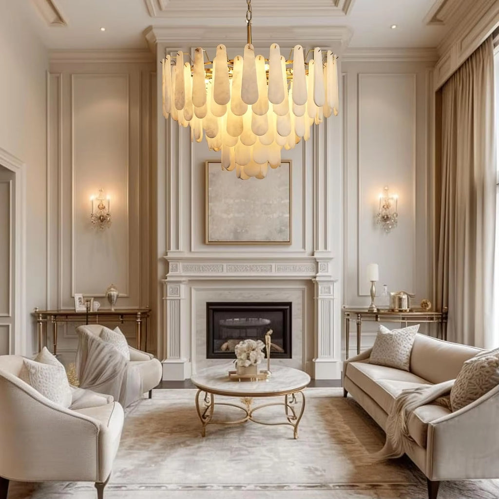 Round Alabaster Chandelier Lamp White Marble Lights Brass Ceiling Chandeliers for Dining Room Bedroom Foyer Living Room Entryway