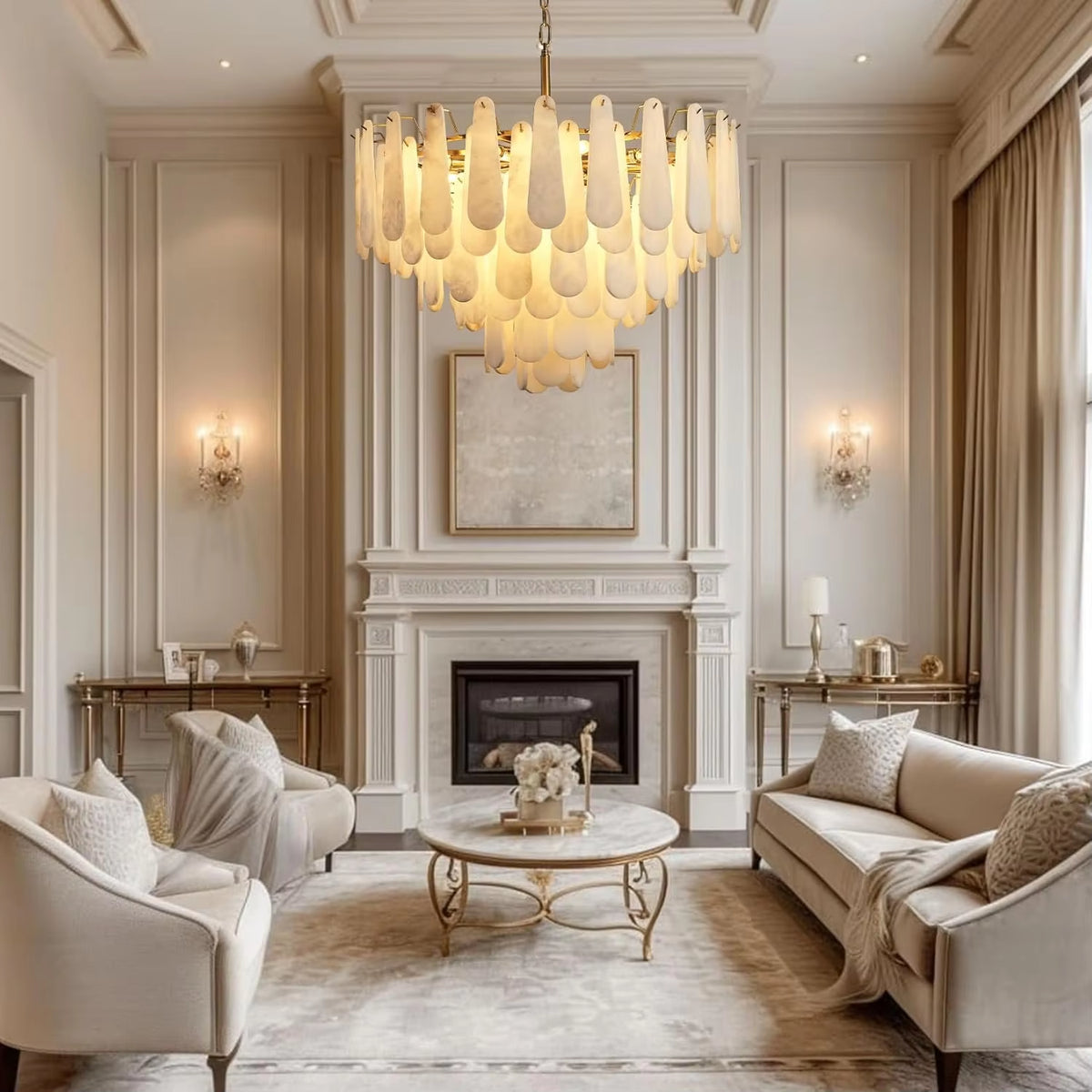 Round Alabaster Chandelier Lamp White Marble Lights Brass Ceiling Chandeliers for Dining Room Bedroom Foyer Living Room Entryway