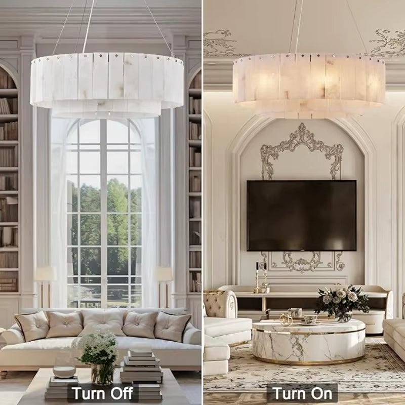 Modern Natural Marble Pendant Lights for Living Room Dining Room Dimmable round Alabaster Chandelier Indoor Lighting Fixture