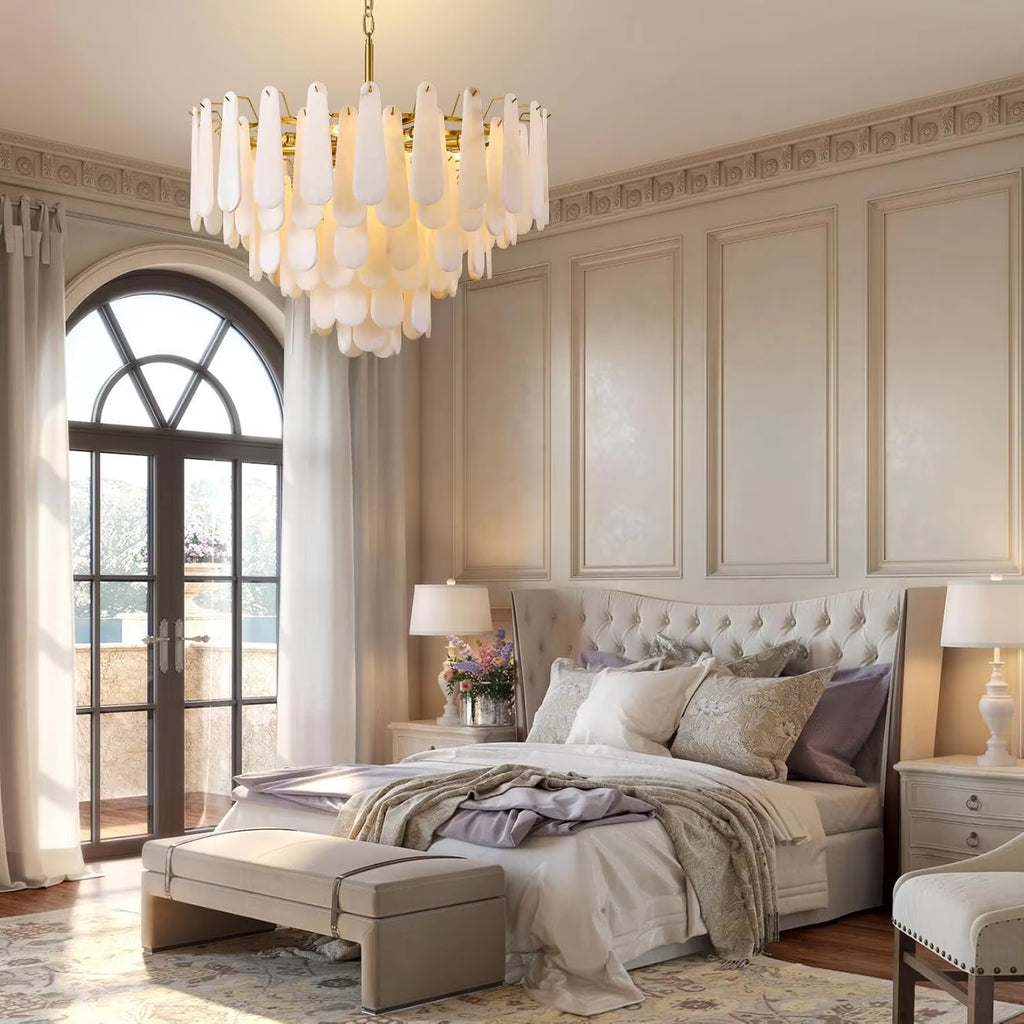 Round Alabaster Chandelier Lamp White Marble Lights Brass Ceiling Chandeliers for Dining Room Bedroom Foyer Living Room Entryway