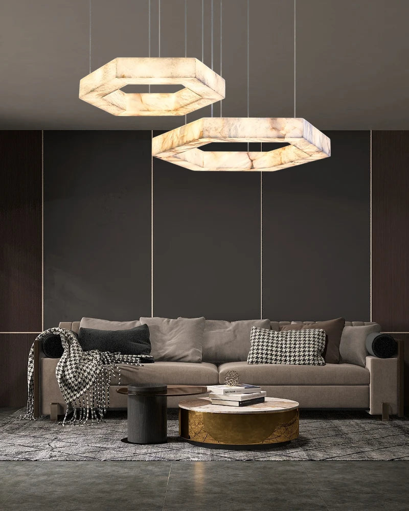 2026 Trendy Hexagonal Marble LED Chandelier Suspension Luminaire Lampen Alabaster Pendant Light Hanging Lamp for Living Room