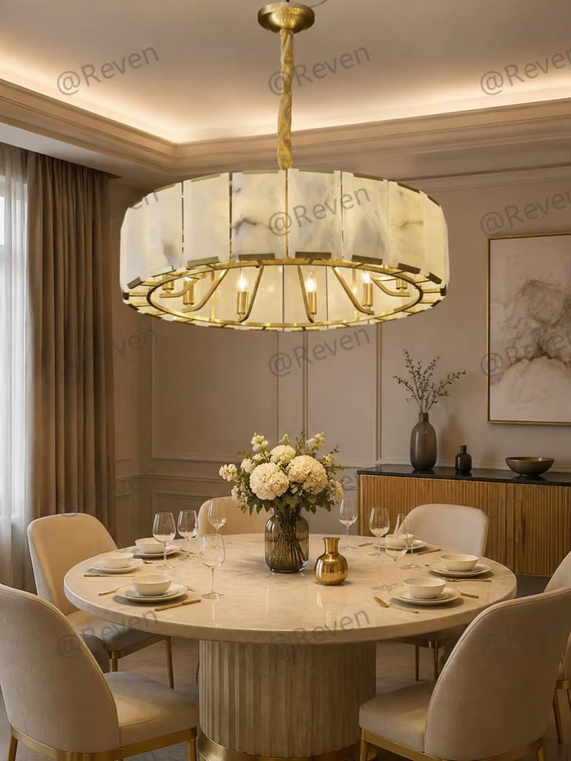 Modern Natural Alabaster round Chandelier Brass Pendant Light Luxury Drum Ceiling Lamp for Dining Room Living Room