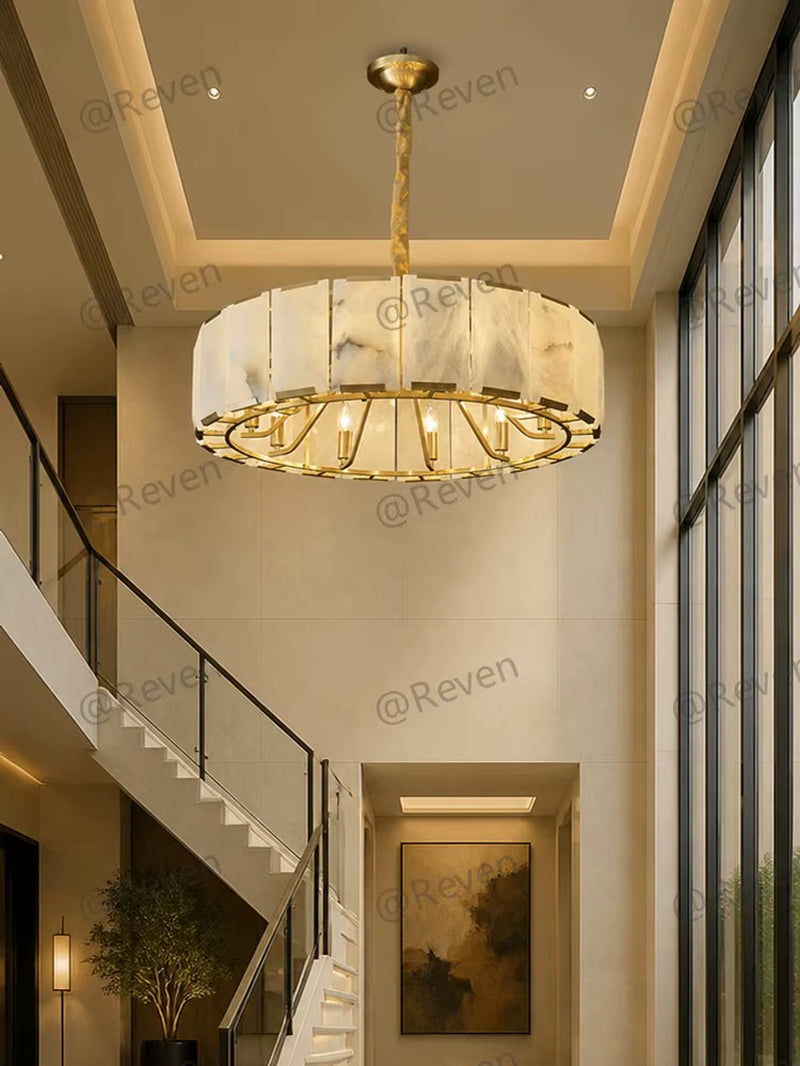 Modern Natural Alabaster round Chandelier Brass Pendant Light Luxury Drum Ceiling Lamp for Dining Room Living Room