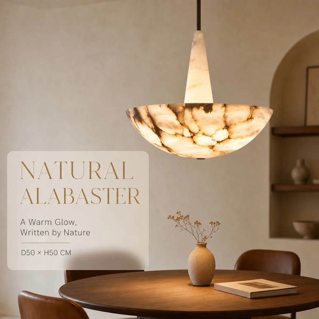 Modern Nordic 2026 Designer Pendant Lamp Natural Alabaster Bowl Cone Neck Saucer Dimmable LED for Kitchen Island Room Decor