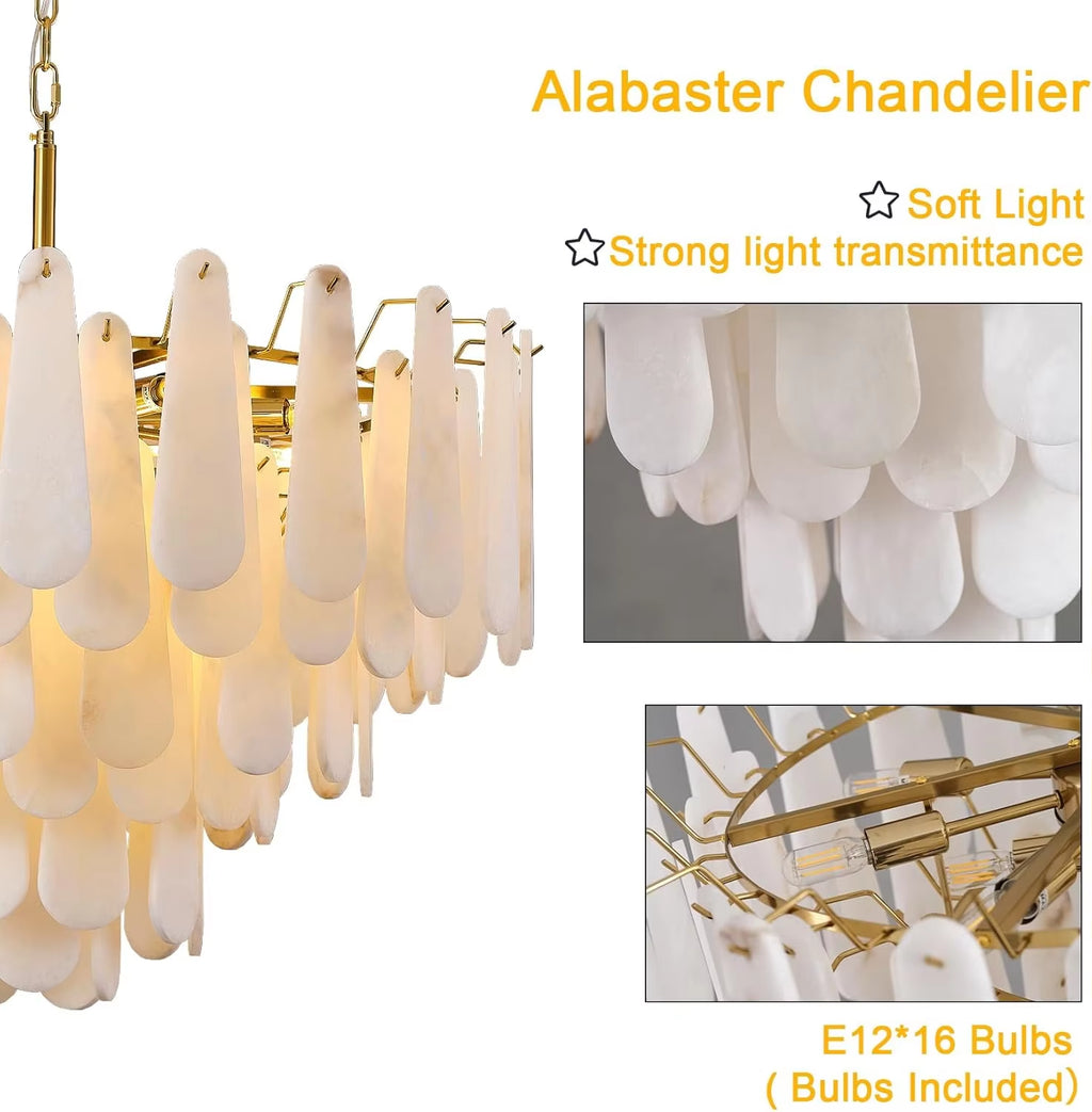 Round Alabaster Chandelier Lamp White Marble Lights Brass Ceiling Chandeliers for Dining Room Bedroom Foyer Living Room Entryway