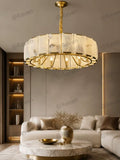 Modern Natural Alabaster round Chandelier Brass Pendant Light Luxury Drum Ceiling Lamp for Dining Room Living Room