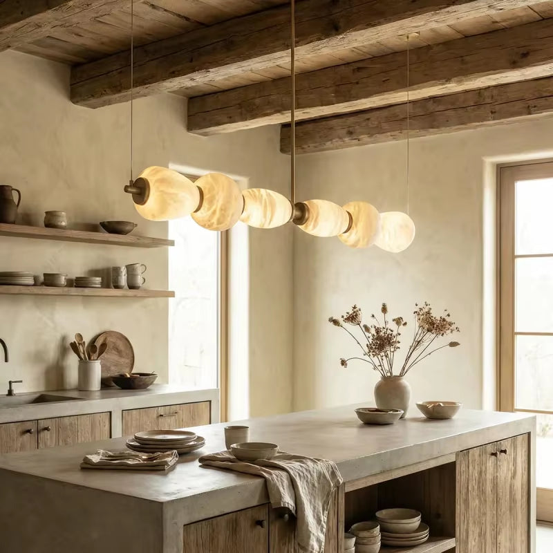 Modern Alabaster Linear Chandelier Brass Nature Marble LED Hanging Lamp for Restaurant Table Living Room Kitchen Island Art Deco