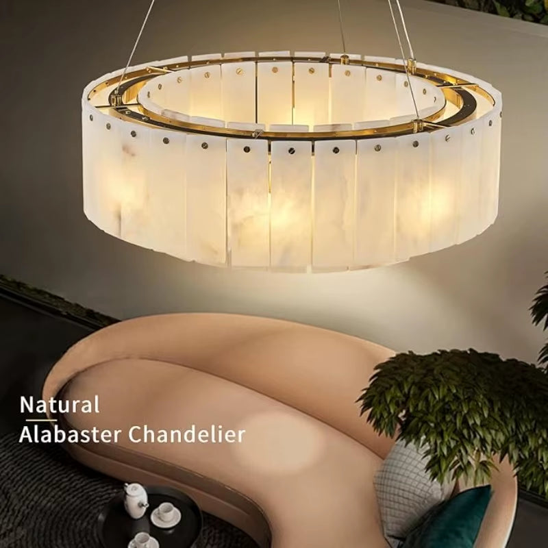 Modern Natural Marble Pendant Lights for Living Room Dining Room Dimmable round Alabaster Chandelier Indoor Lighting Fixture