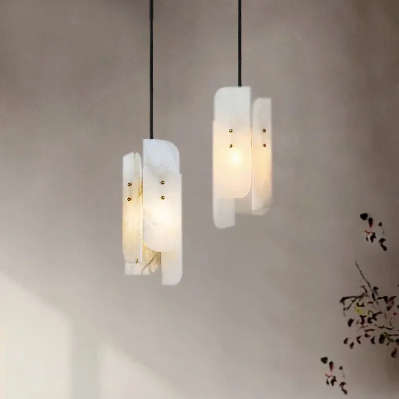 Modern LED Natural Marble Chandelier Bedroom Bedside Dining Room Corridor Hotel Pure Copper Alabaster Pendant Lamp Indoor Decor