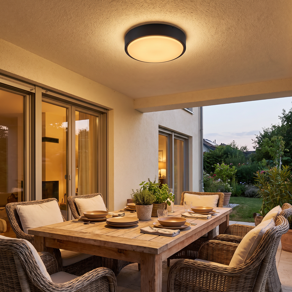 Orbit Round Ceiling Light, Black IP65 Waterproof LED Outdoor Flush Mount for Porch, Carport & Balcony