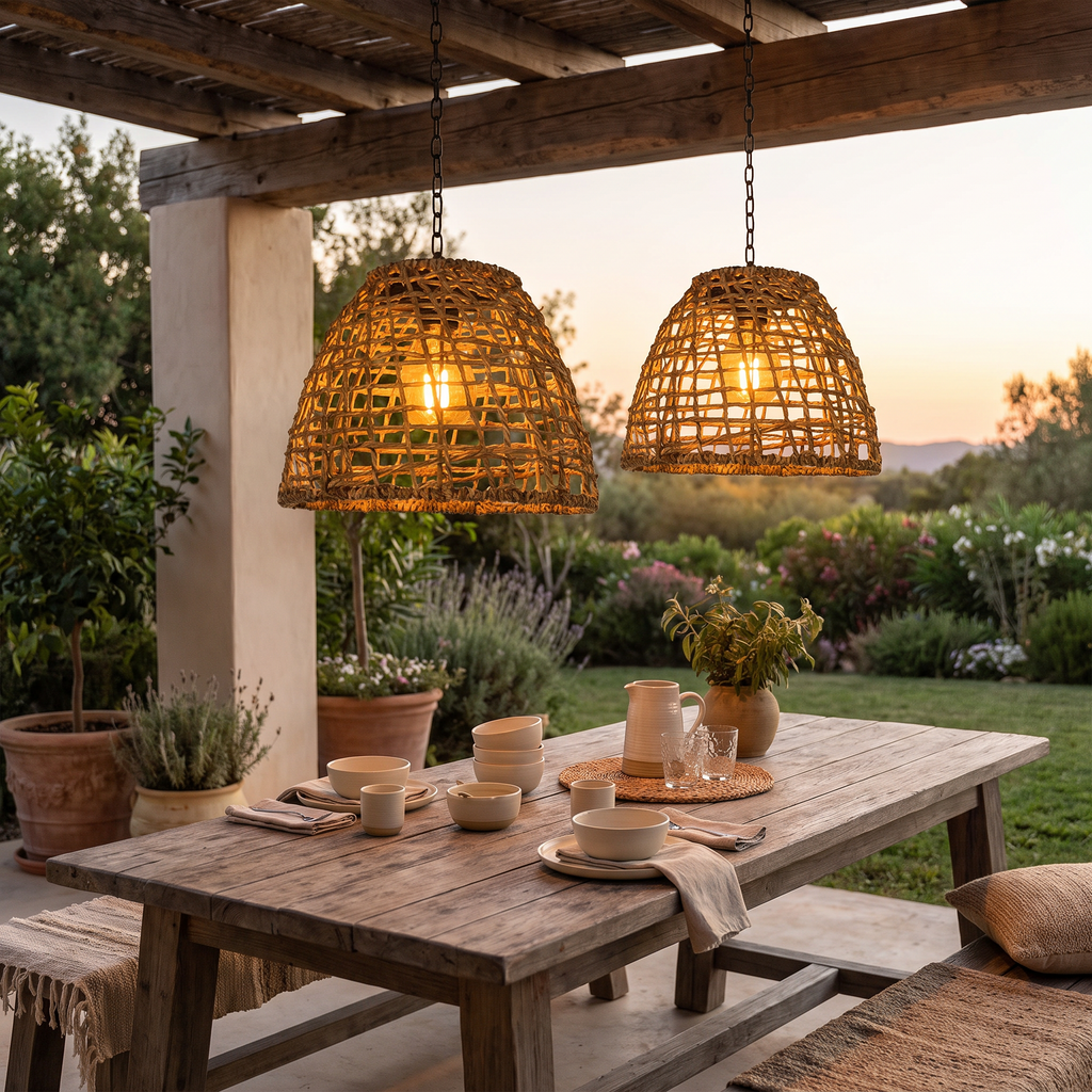 Thatch Solar Cage Pendant, Iron or Rattan Hanging Solar Garden Light for Pergola, Tree & Covered Walkway